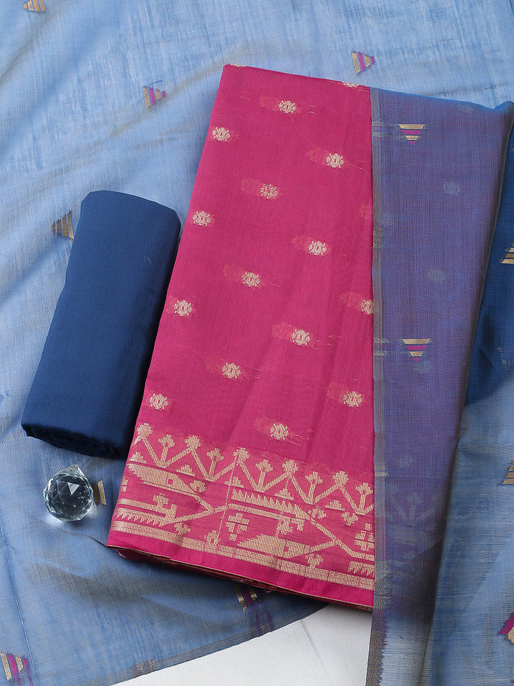 Printed Chanderi Unstitched Suit With Pant &amp; Dupatta