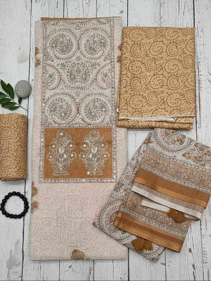 Printed Linen Blend Unstitched Suit With Pant &amp; Dupatta