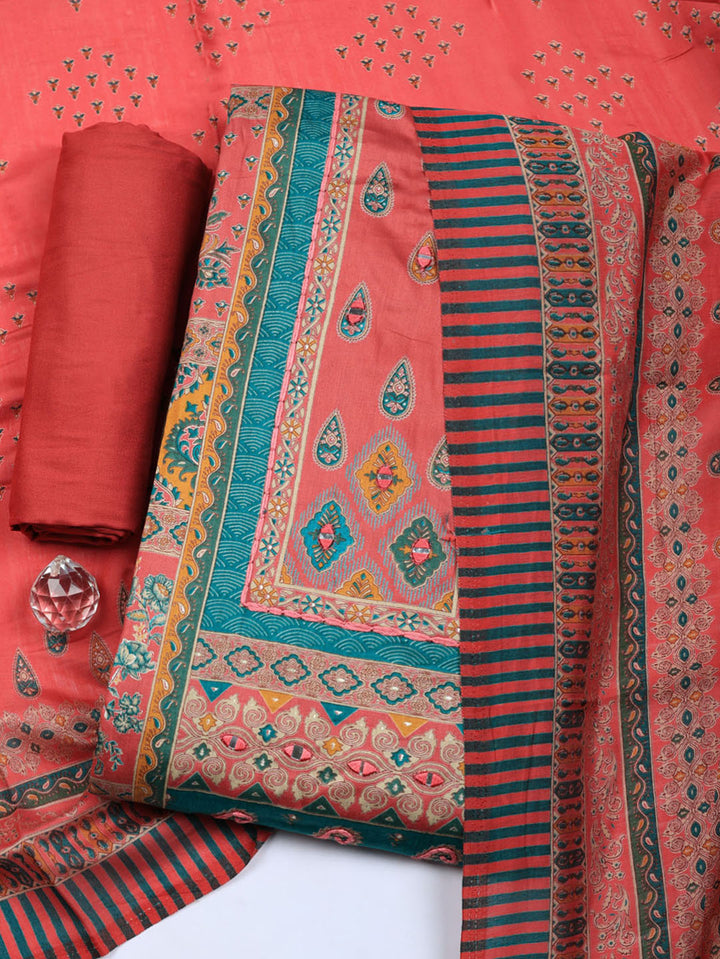 Printed Cotton Blend Unstitched Suit With Pant &amp; Dupatta