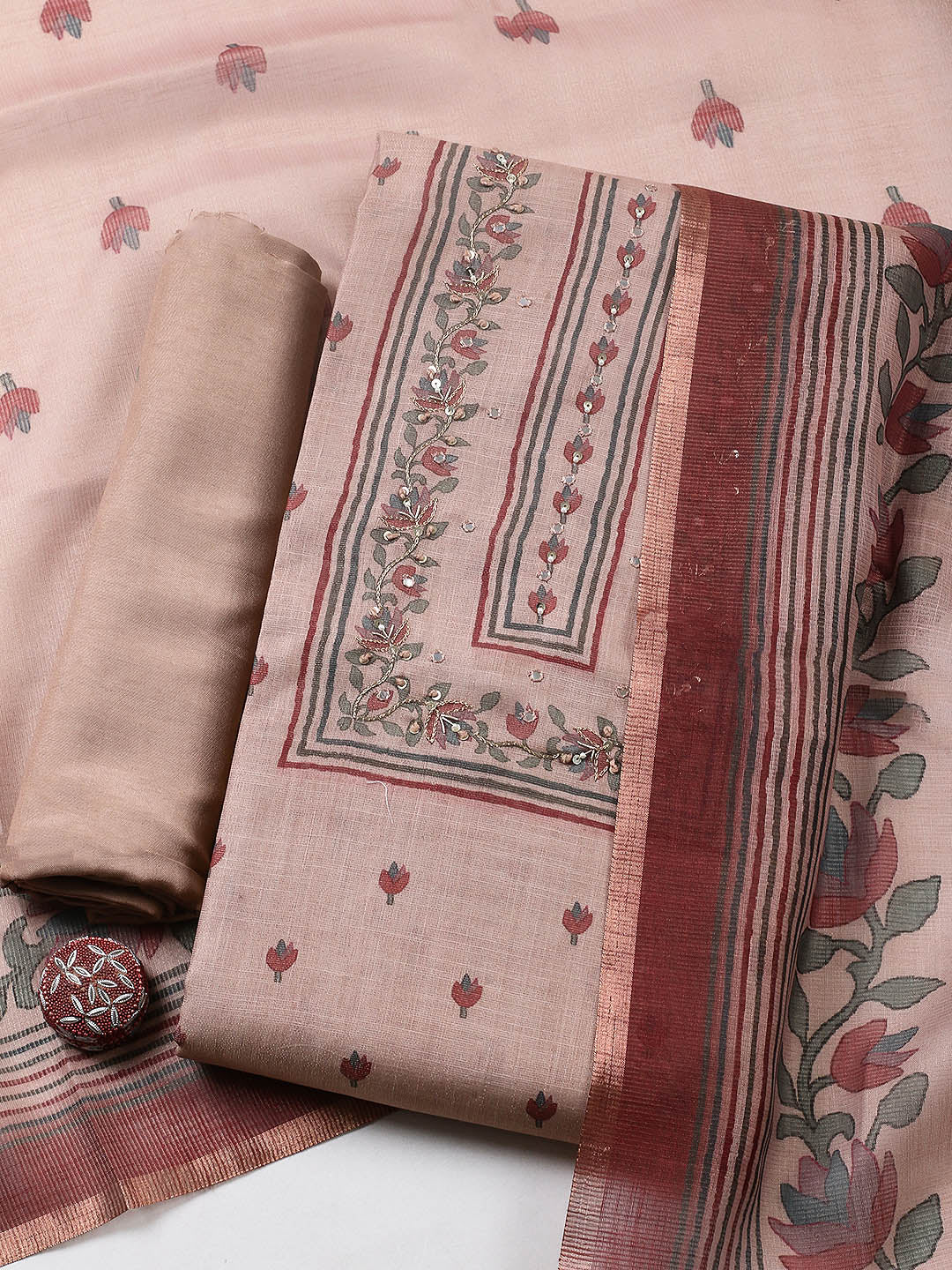 Embroidered Tissue Unstitched Suit With Pant &amp; Dupatta