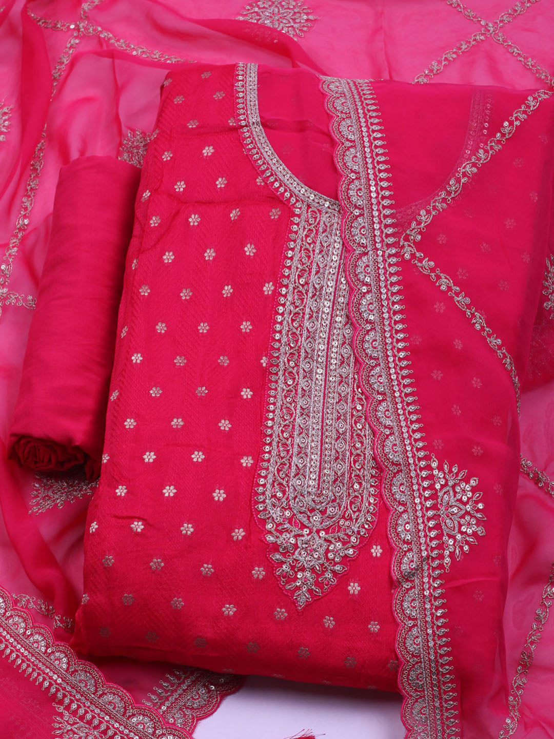 Neck Embroidered Chanderi Unstitched Suit With Dupatta