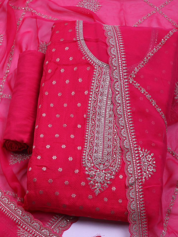 Neck Embroidered Chanderi Unstitched Suit With Dupatta