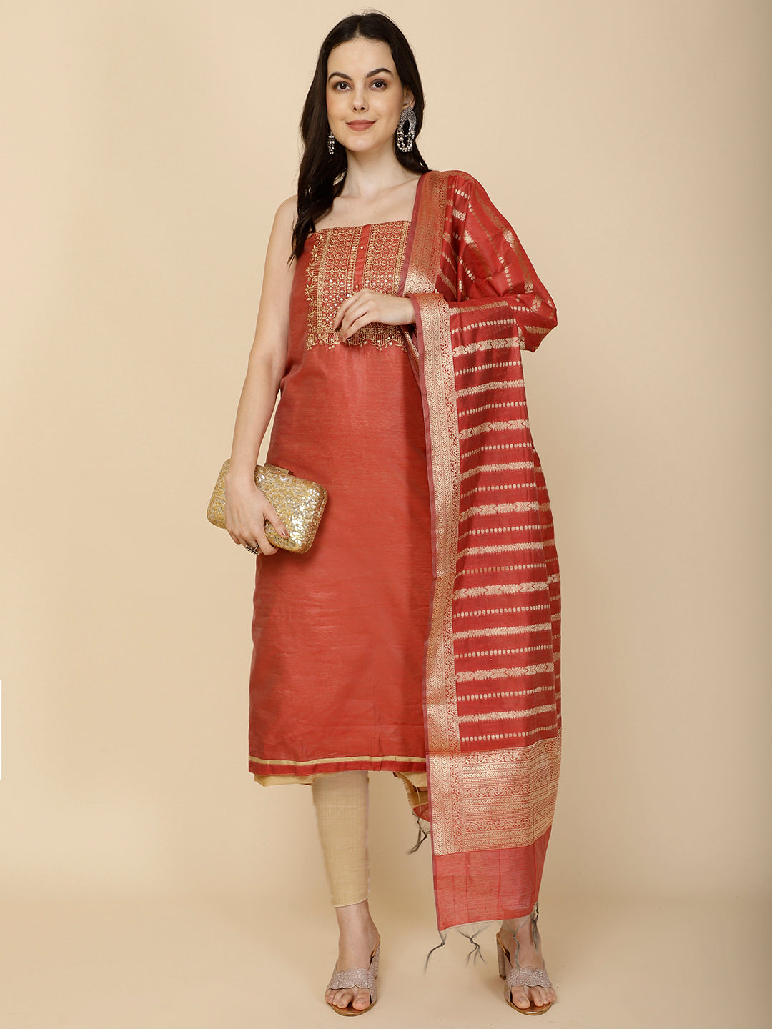 Neck Embroidery Chanderi Unstitched Suit Piece With Banarsi Dupatta