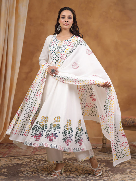 Printed Cotton Blend Kurta With Pants & Dupatta