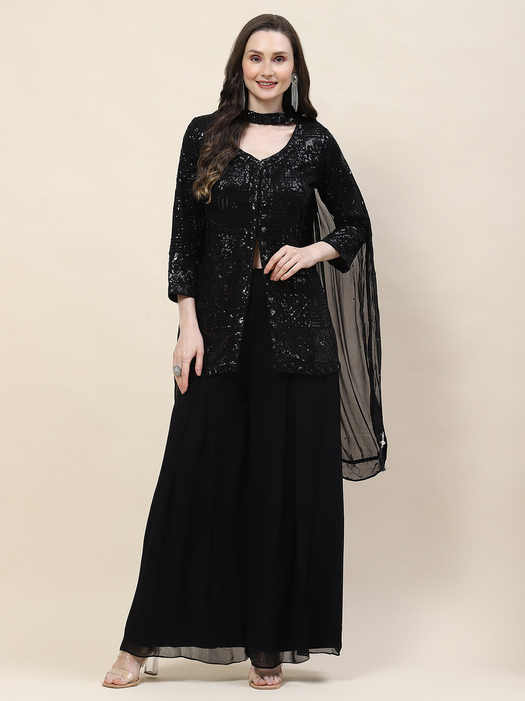 Sequin Embroidery Georgette Kurti With Palazzo & Dupatta