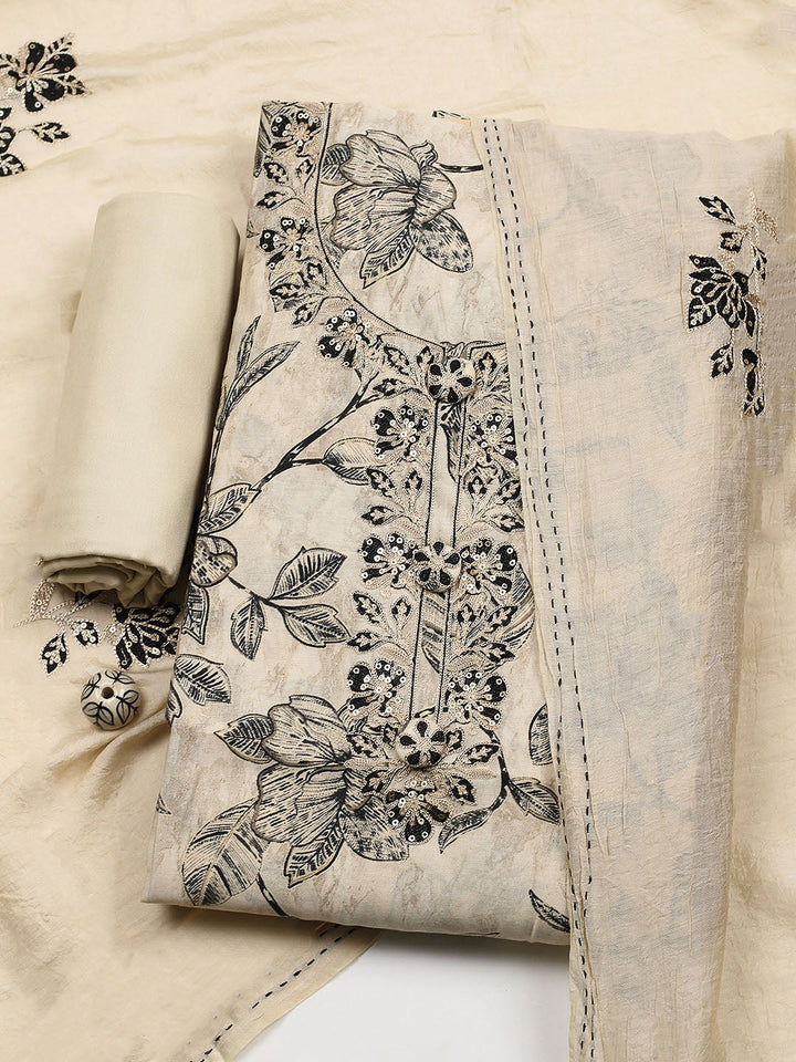 Embroidered Cotton Blend Unstitched Suit With Pant &amp; Dupatta