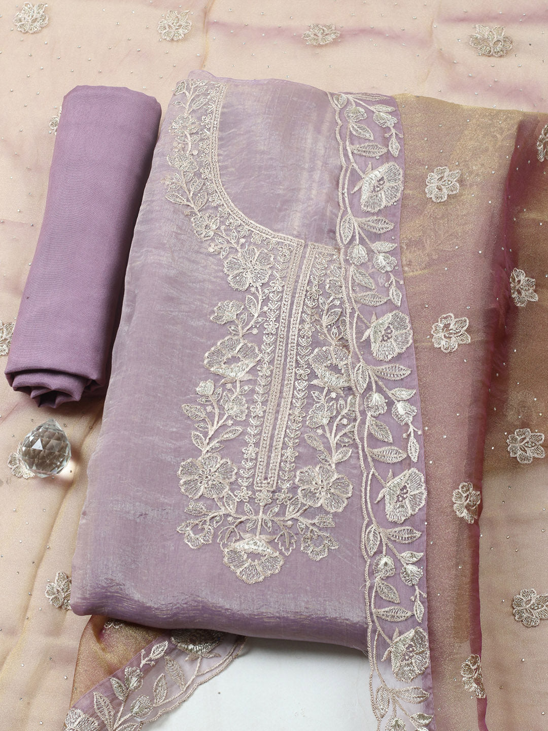 Embroidered Tissue Unstitched Suit With Pant &amp; Dupatta