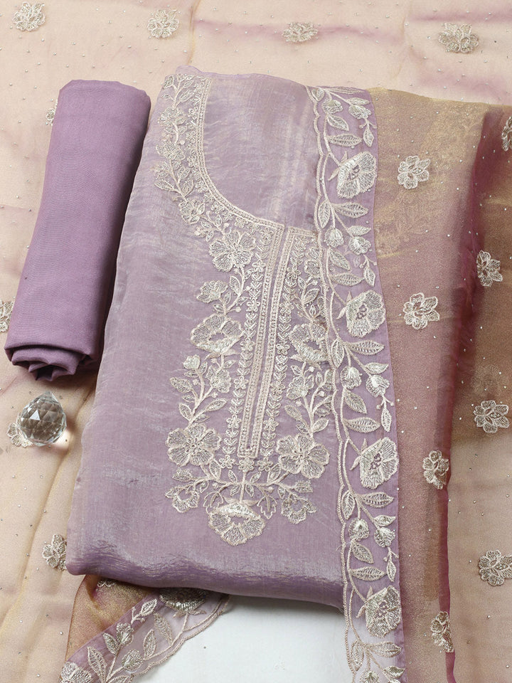Embroidered Tissue Unstitched Suit With Pant &amp; Dupatta