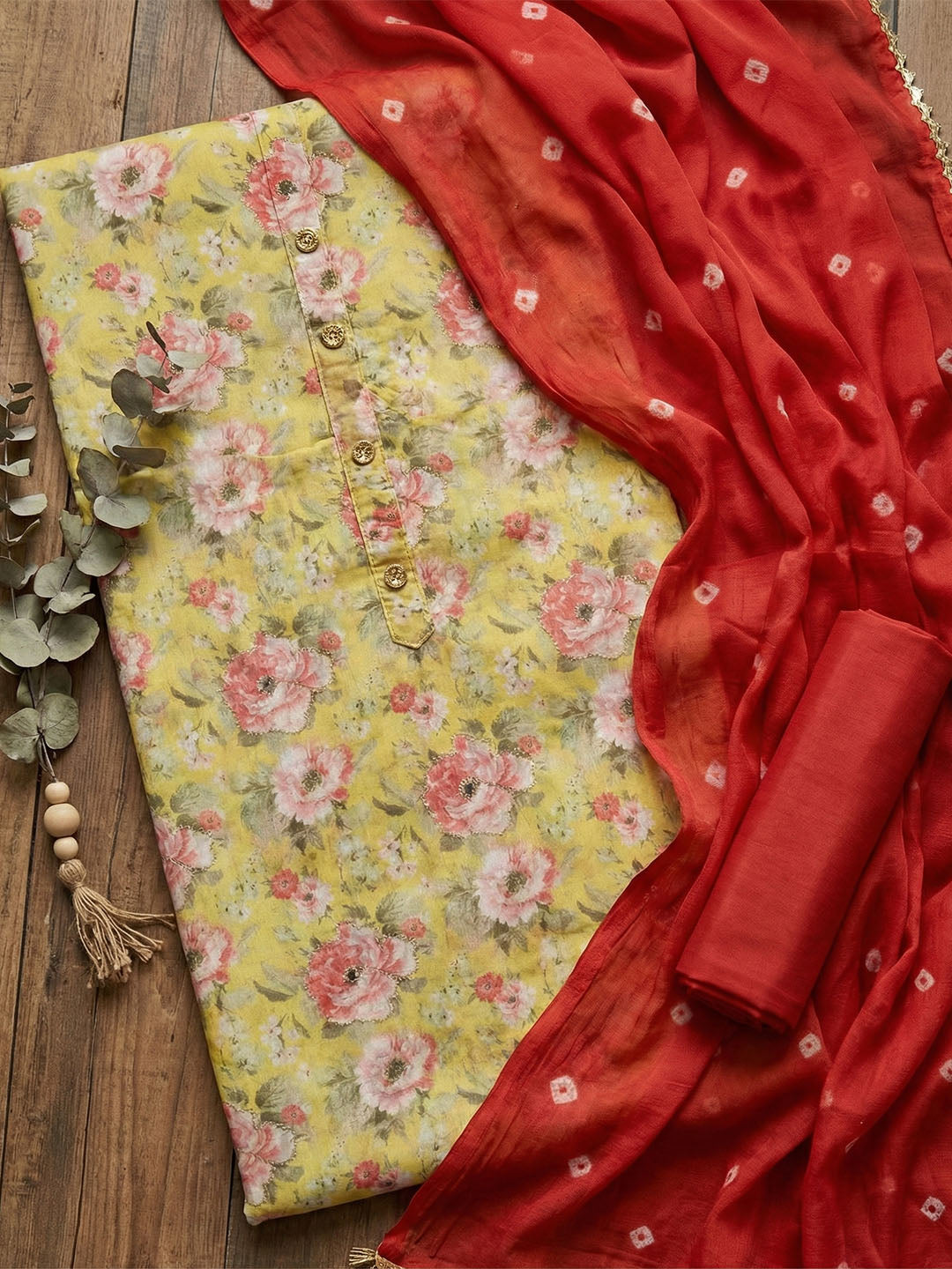 Printed Chanderi Unstitched Suit With Pant
