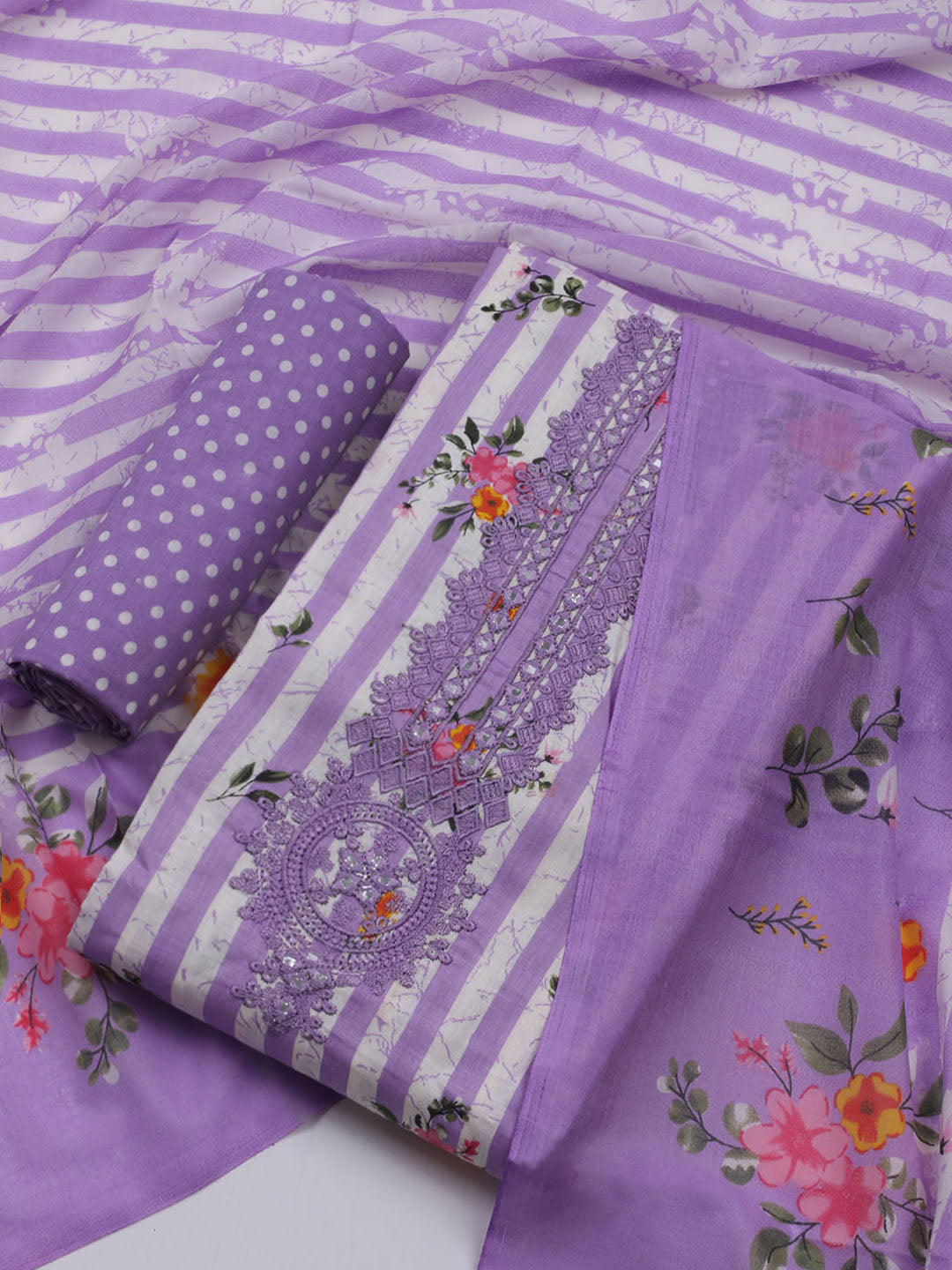 Patch Neck Cotton Blend Unstitched Suit With Dupatta