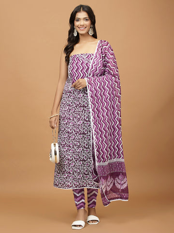 Printed Cotton Blend Unstitched Suit With Dupatta