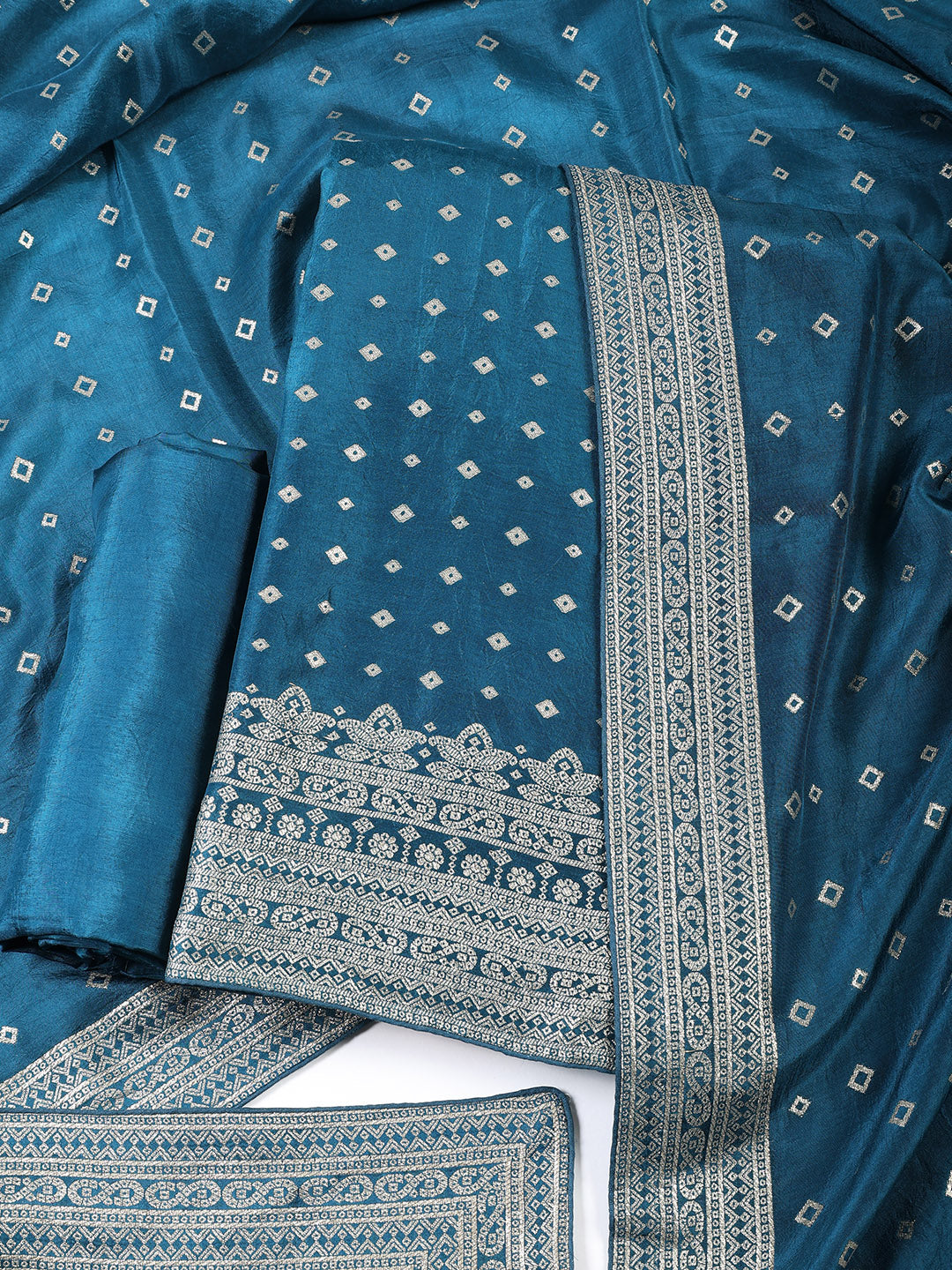 Embroidered Art Silk Unstitched Suit Piece With Dupatta