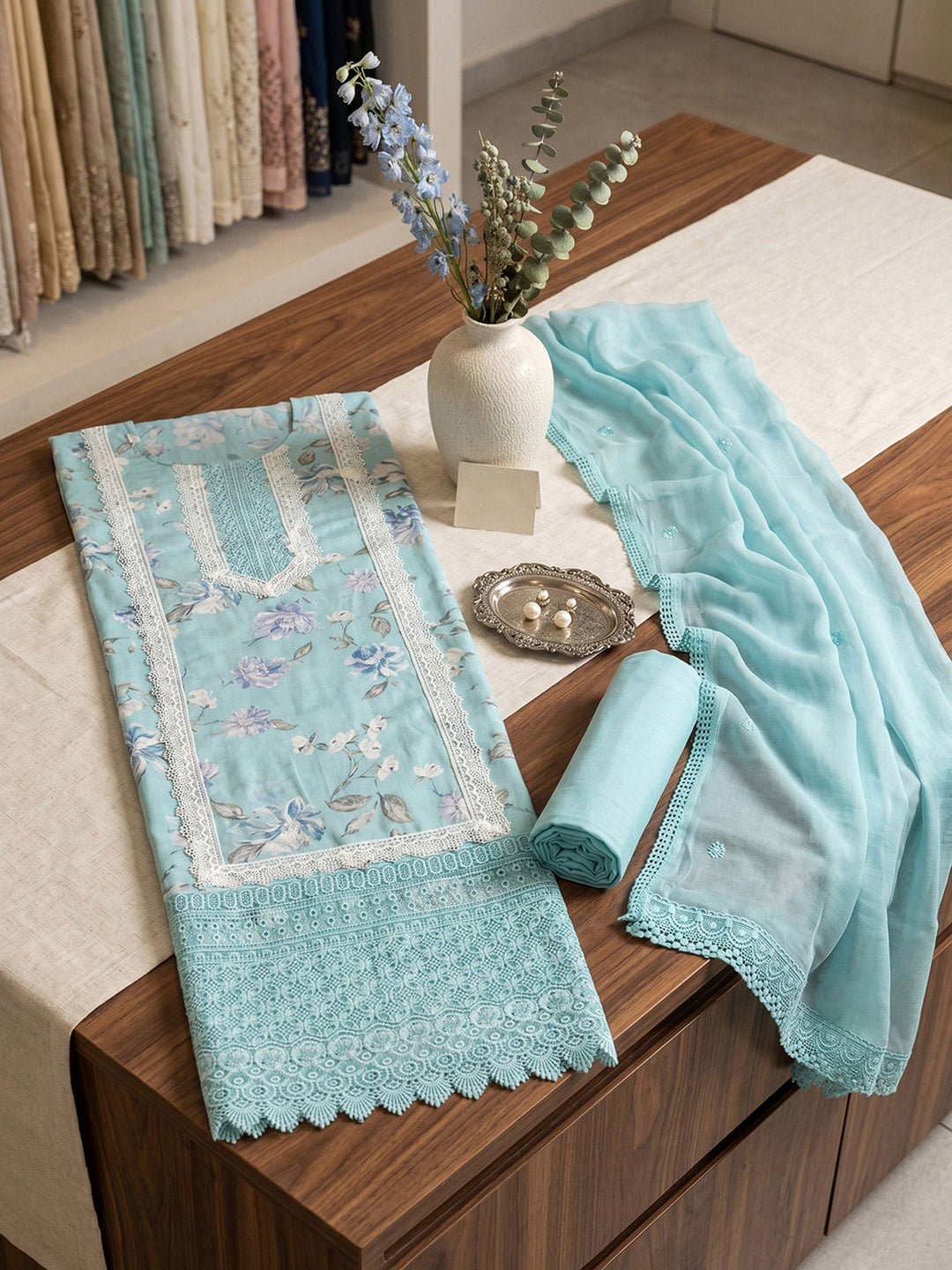Neck Embroidered Cotton Blend Unstitched Suit With Dupatta