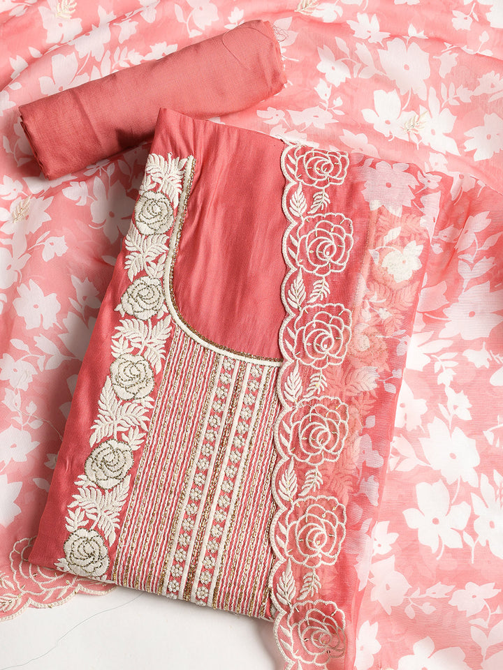 Neck Embroidered Chanderi Unstitched Suit With Dupatta
