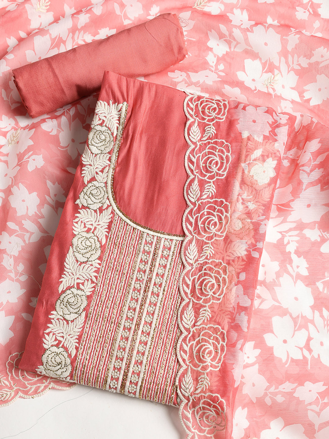 Neck Embroidered Chanderi Unstitched Suit With Dupatta