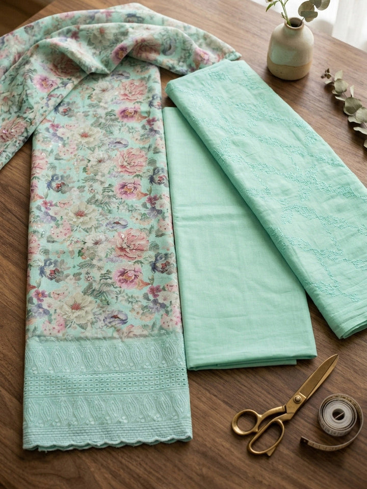 Embroidered Cotton Blend Unstitched Suit With Pant &amp; Dupatta