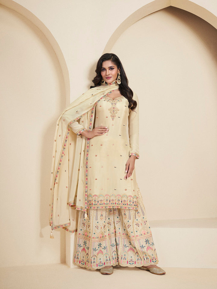 Embroidered Chinon Semi Stitched Suit With Pant &amp; Dupatta