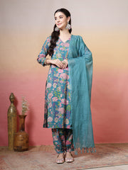 Embroidered Cotton Kurta With Pant & Dupatta