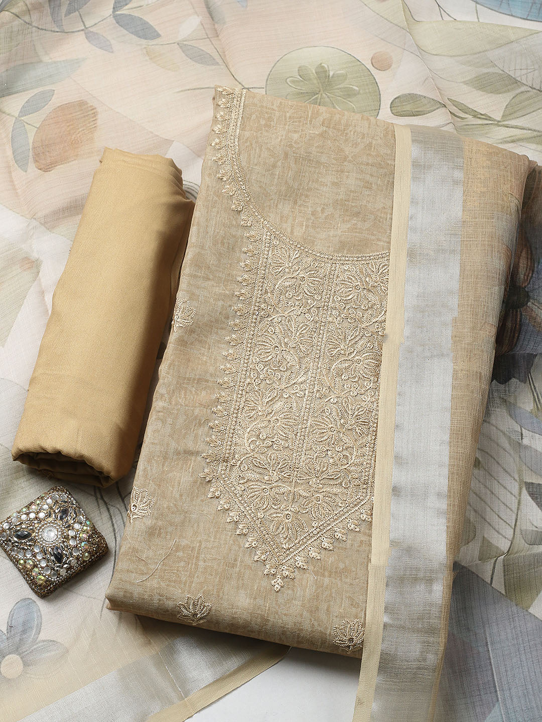 Embroidered Linen Blend UnstitchedSuit With Pant &amp; Dupatta