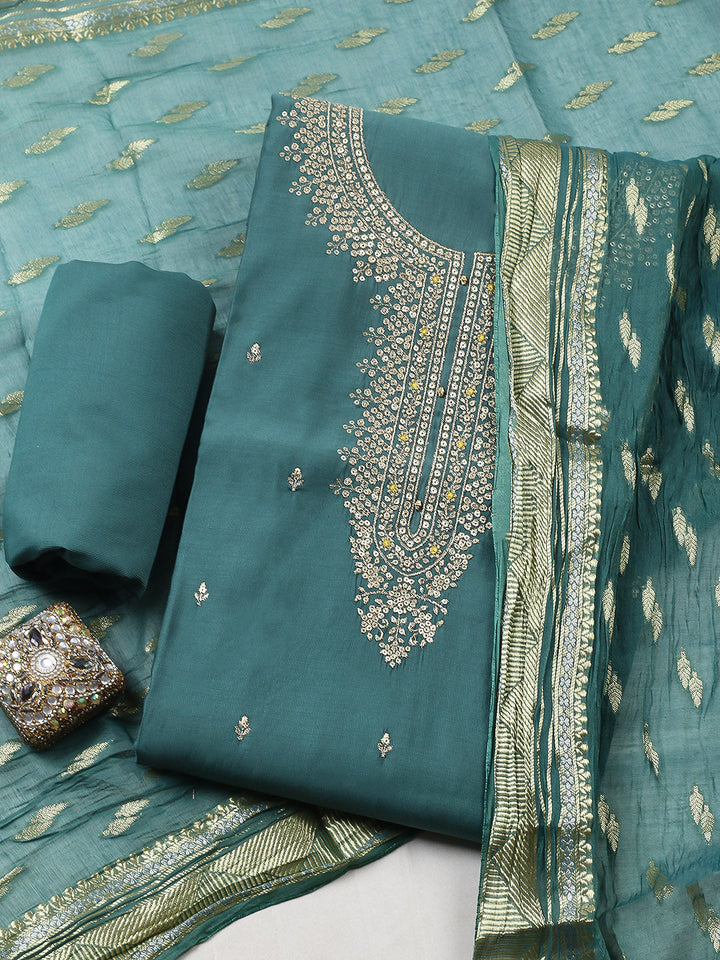 Embroidered Chanderi Unstitched Suit With Pant &amp; Dupatta