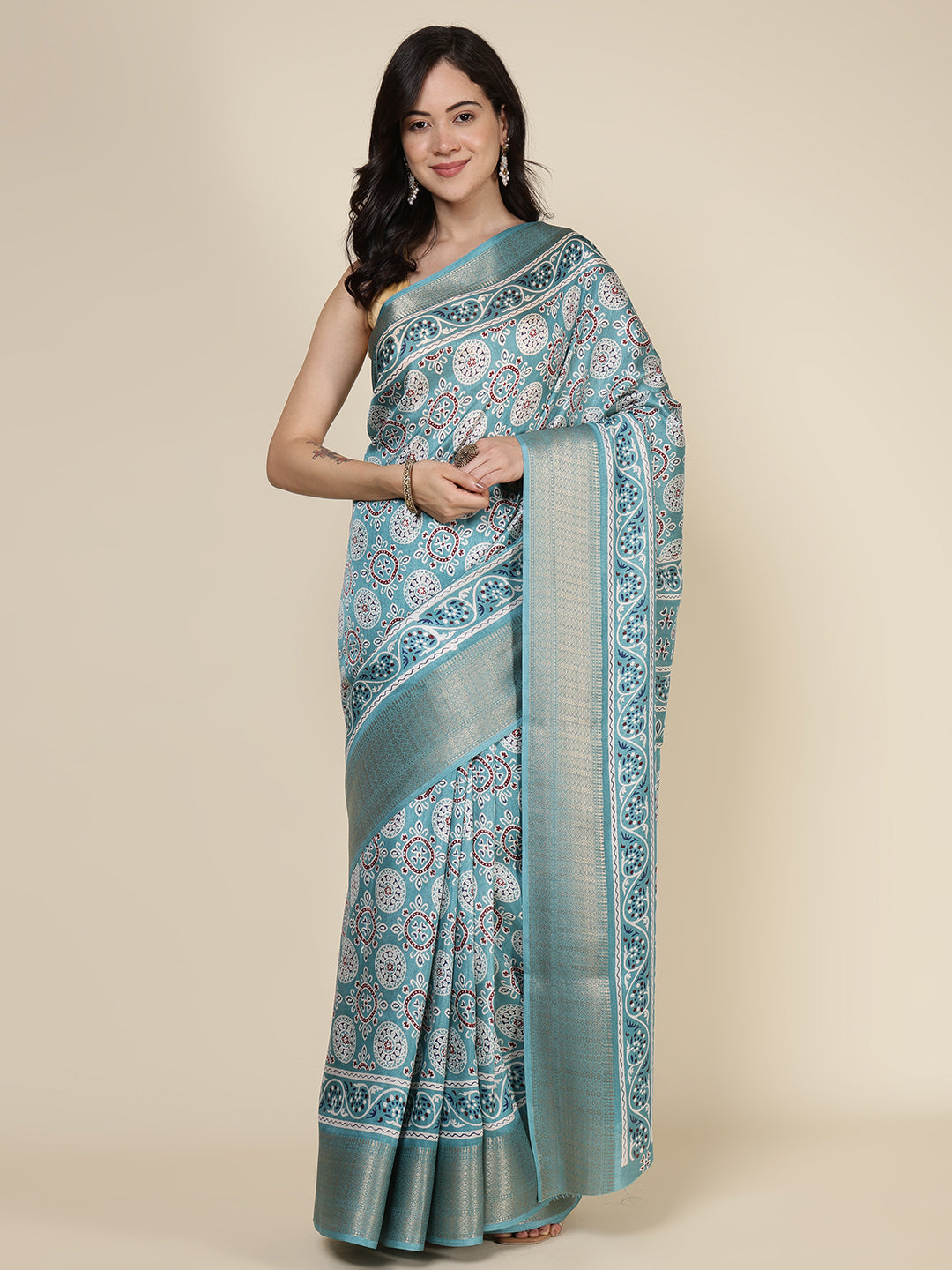Ajrak Printed Dola Cotton Woven Saree