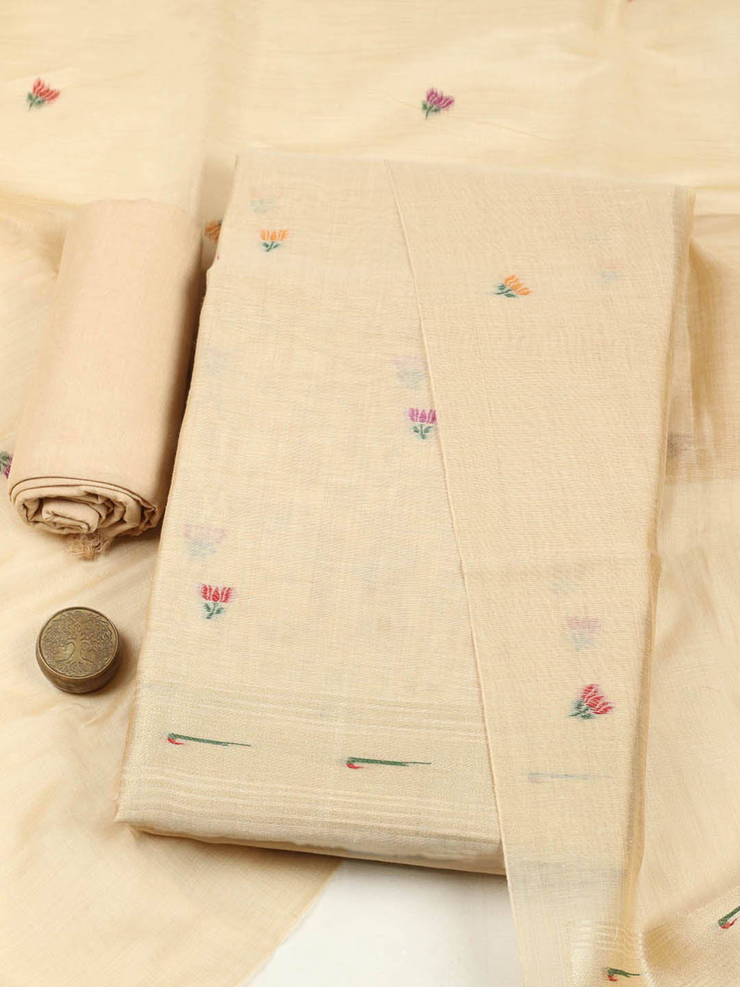 Embroidered Chanderi Unstitched Suit With Pant &amp; Dupatta