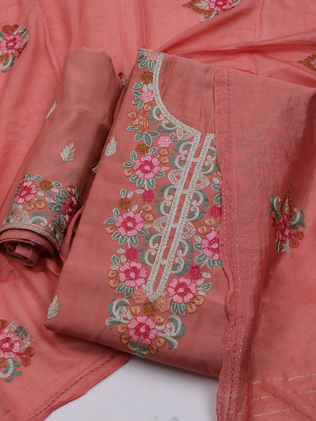Neck Embroidered Chanderi Unstitched Suit With Dupatta