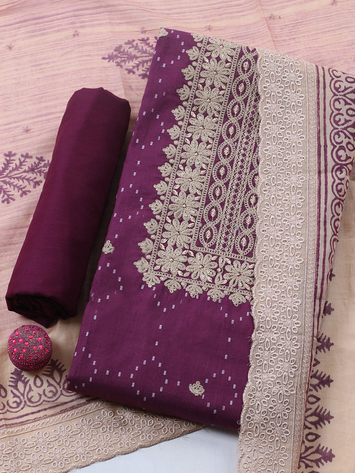 Embroidered Cotton Blend Unstitched Suit With Pant &amp; Dupatta