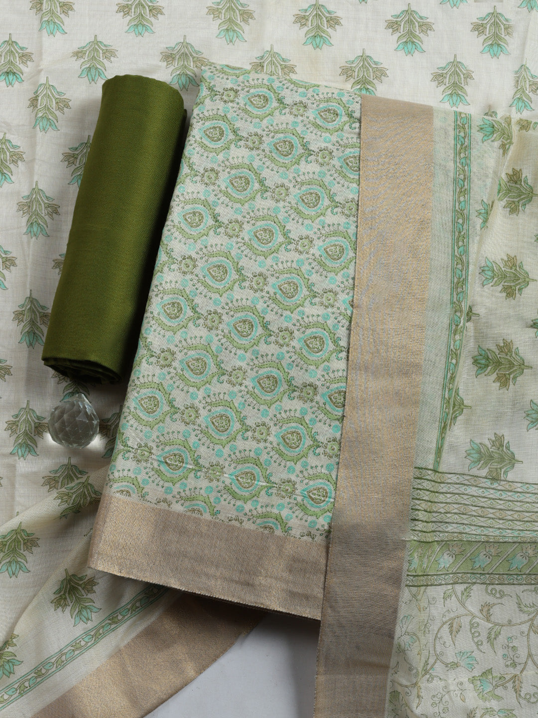 Printed, Chanderi Unstitched Suit With Pant &amp; Dupatta