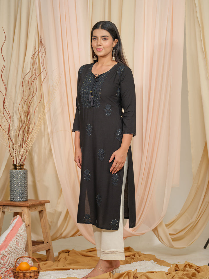 Black Art Silk Embroidered V Neck Kurta