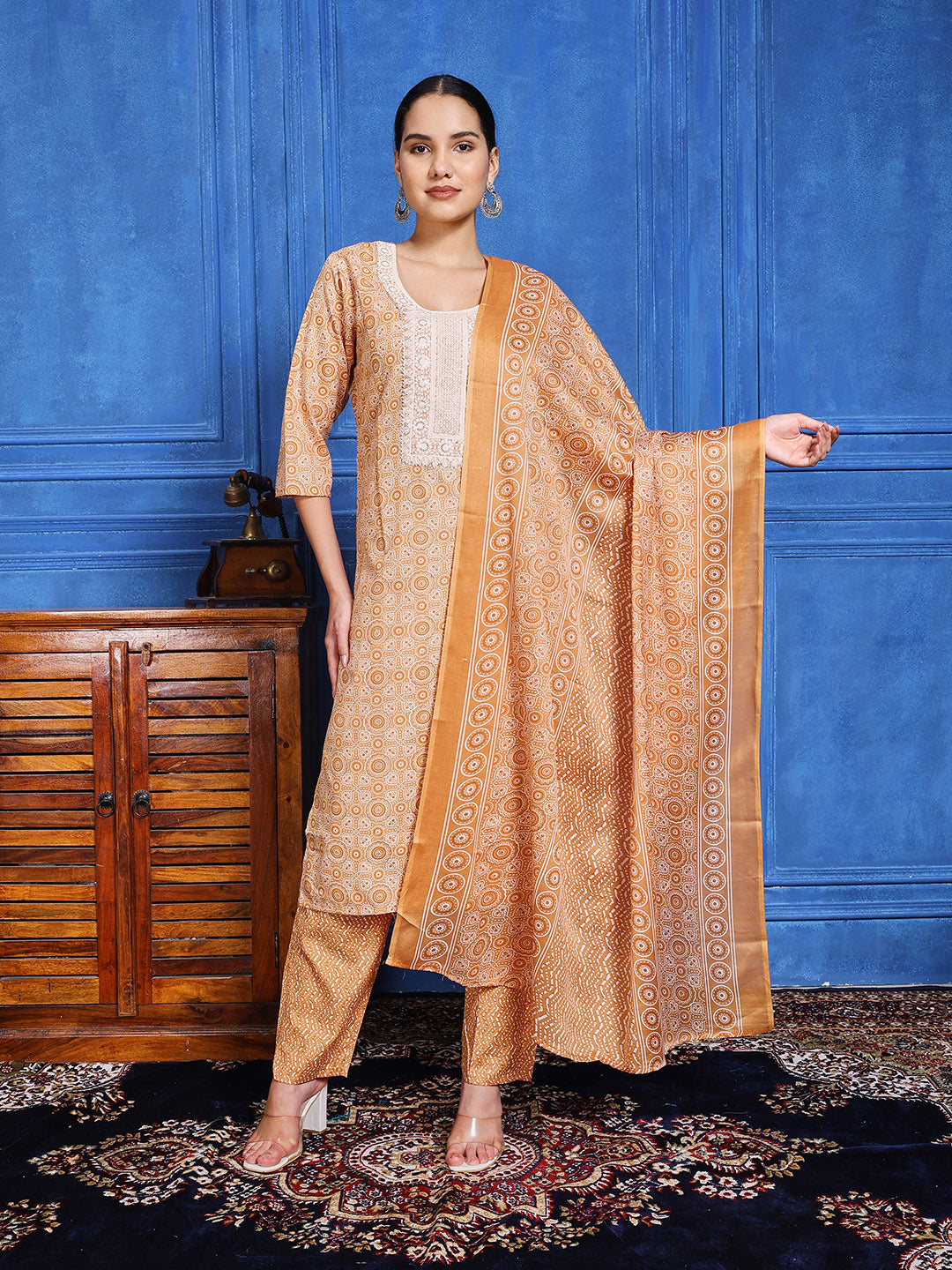 Floral Printed Cotton Kurta With Pants & Dupatta