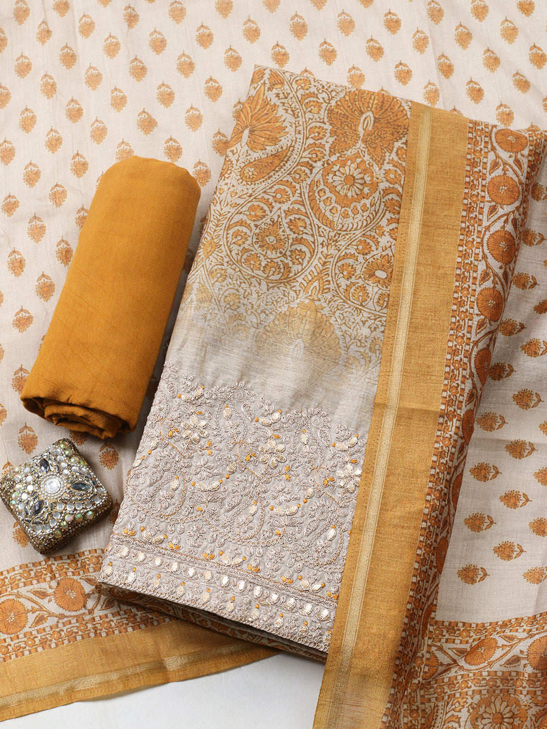 Printed Cotton Blend Unstitched Suit With Pant &amp; Dupatta