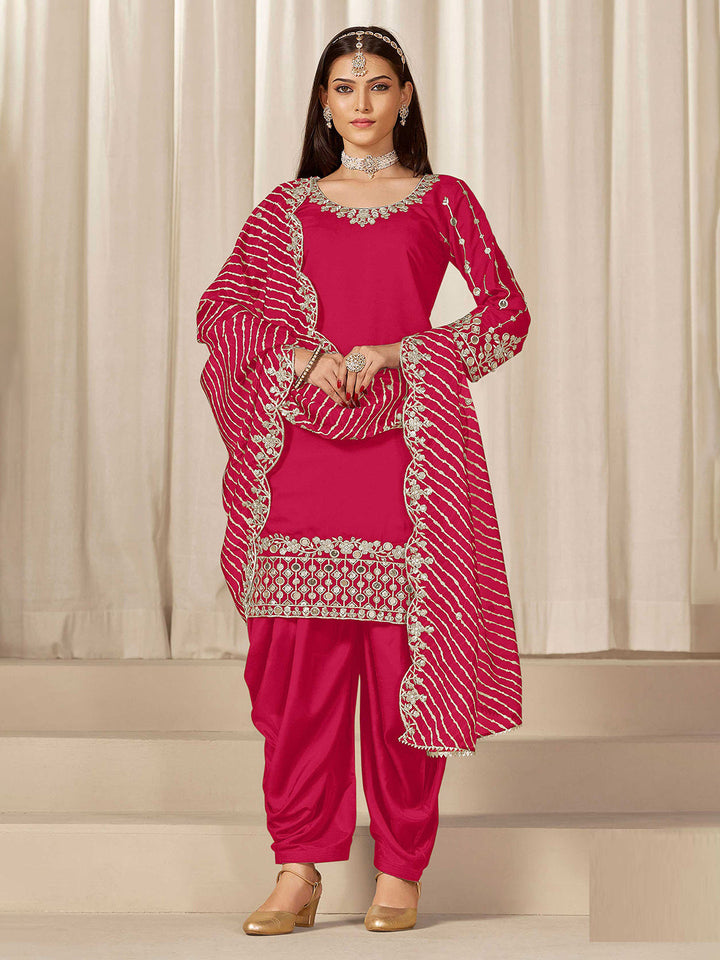 Embroidered Art Silk Semi Stitched Kurta With Skirt &amp; Dupatta