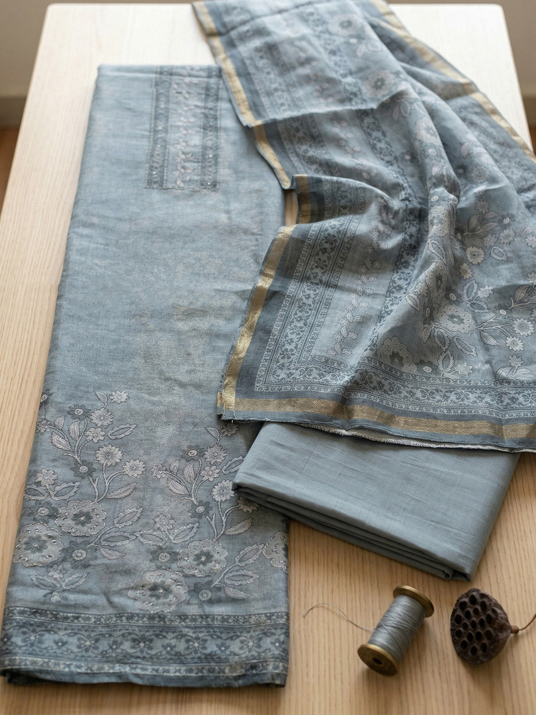 Embroidered Linen Blend Unstitched Suit With Pant &amp; Dupatta