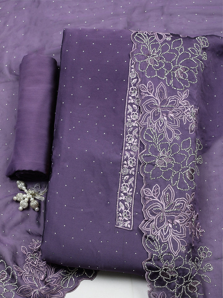Embellished Art Silk Unstitched Suit With Pant &amp; Dupatta
