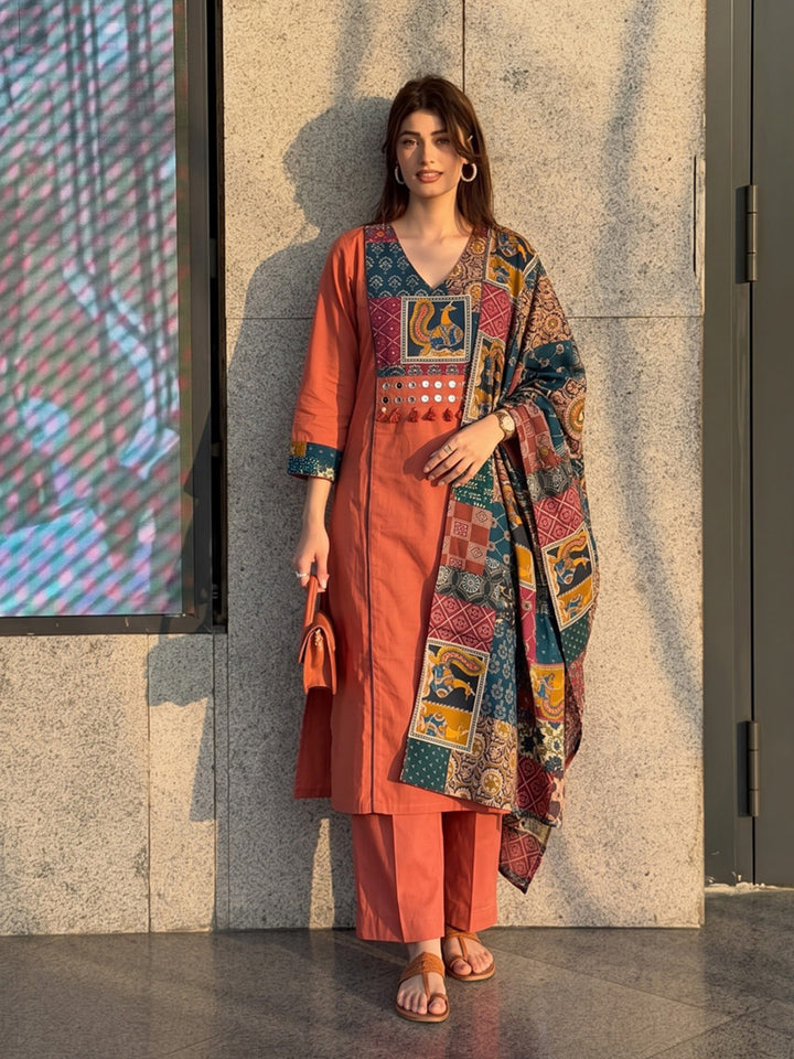 Rust Printed Cotton Blend Kurta With Pant &amp; Dupatta