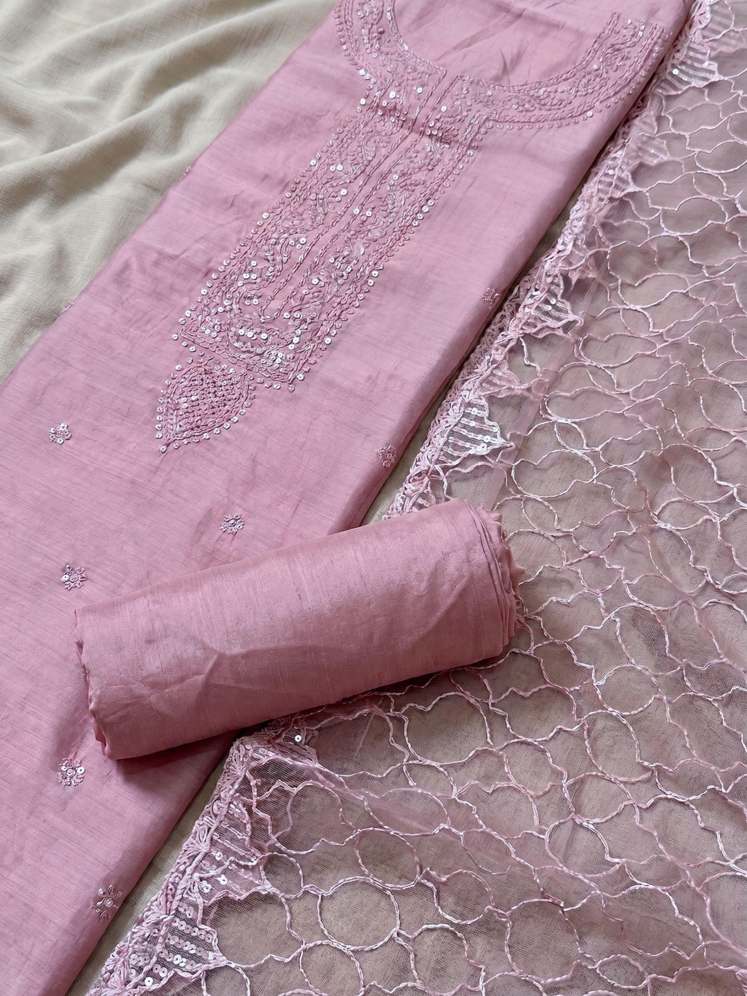 Neck Embroidered Chanderi Unstitched Suit With Dupatta