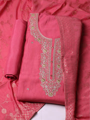 Embroidered Chanderi Pink Unstitched Suit With Pant & Dupatta