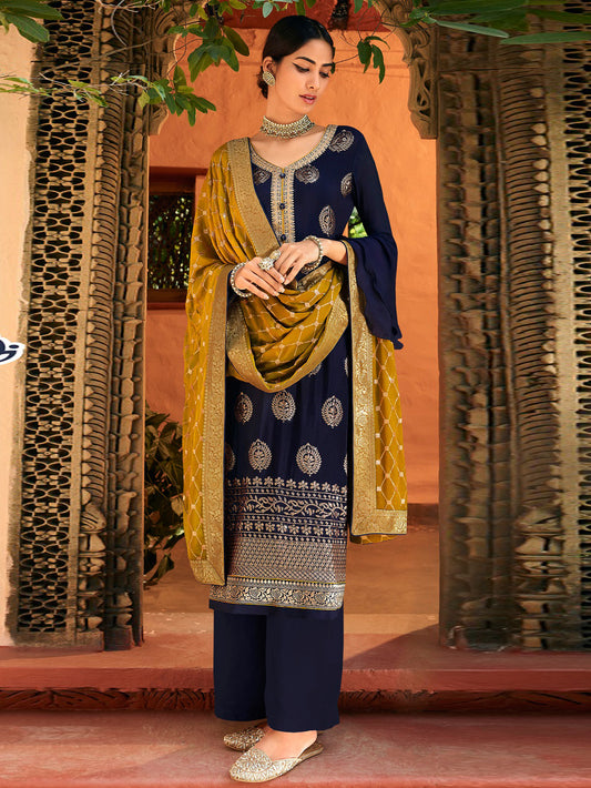 Resham Zari,Sequins Work Chinnon Semi Stitched Suit