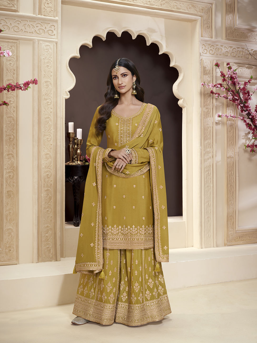 Embroidered Chinon Unstitched Suit With Pant &amp; Dupatta