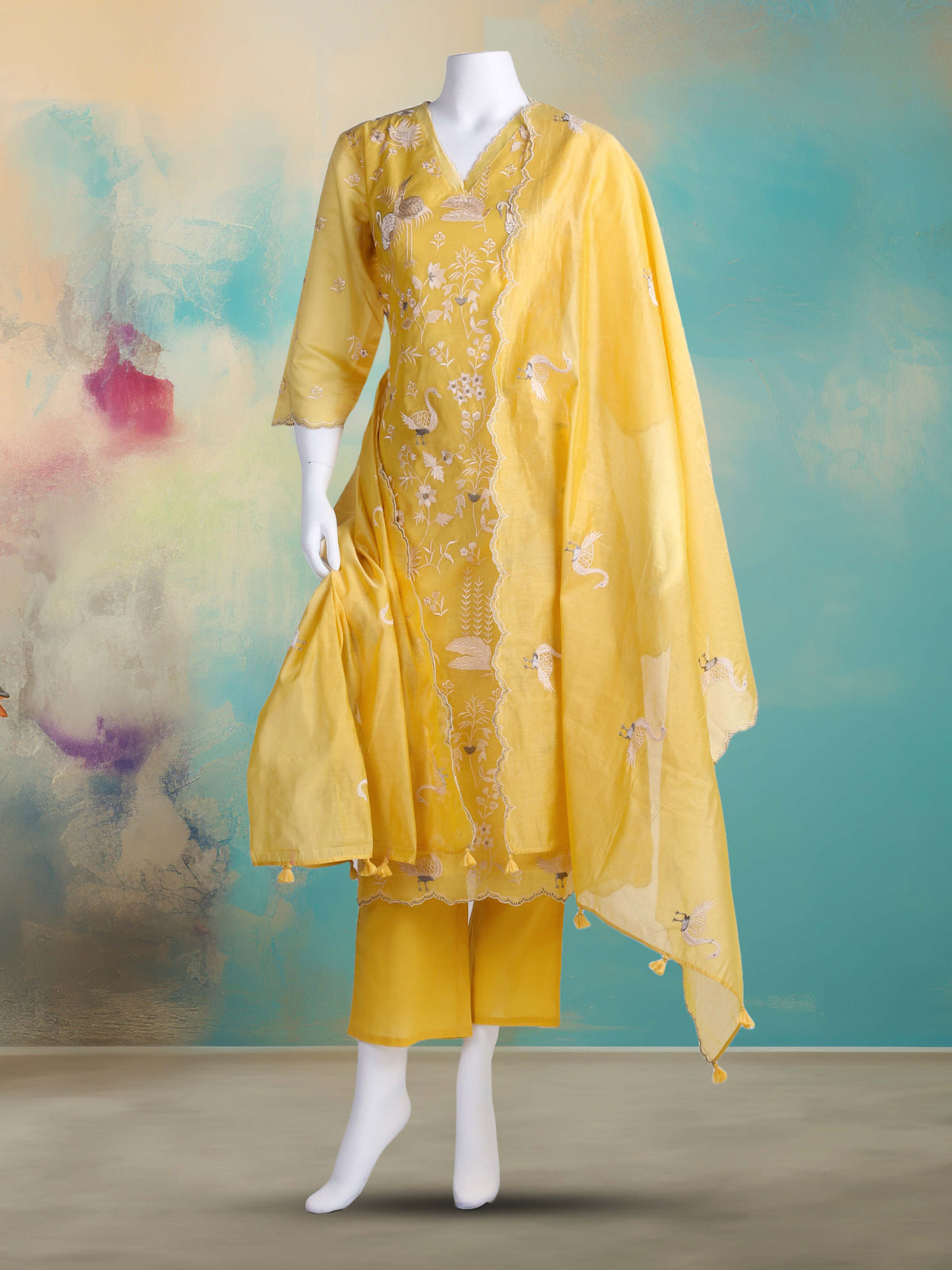 Embroidered Chanderi Kurta With Pant & Dupatta
