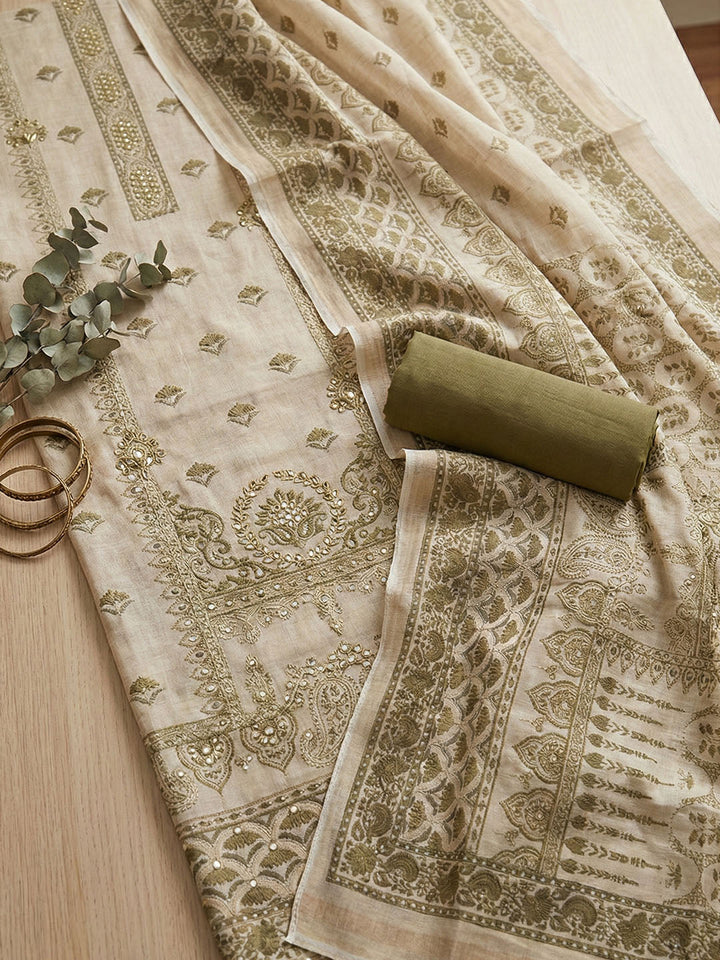 Embroidered Cotton Blend Unstitched Suit With Pant &amp; Dupatta