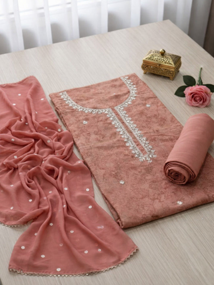 Embroidered Chanderi Unstitched Suit With Pant &amp; Dupatta