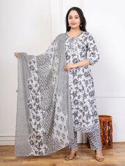 Embroidered Cotton Blend Kurta With Pant & Dupatta