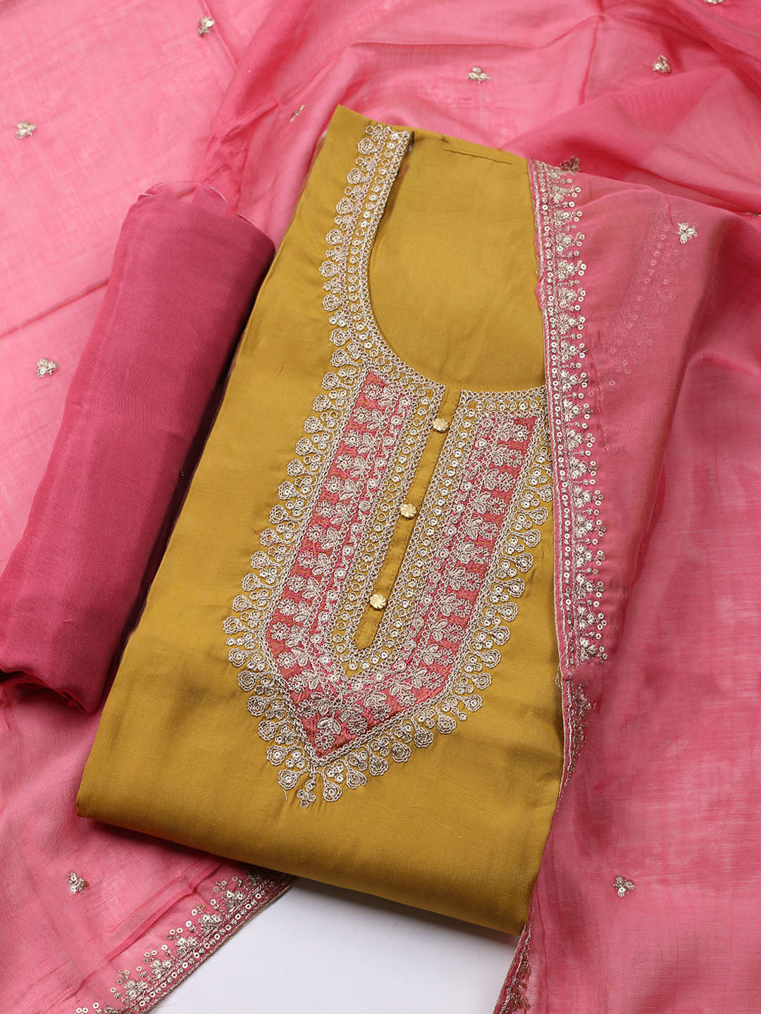 Neck Embroidered Chanderi Unstitched Suit With Dupatta