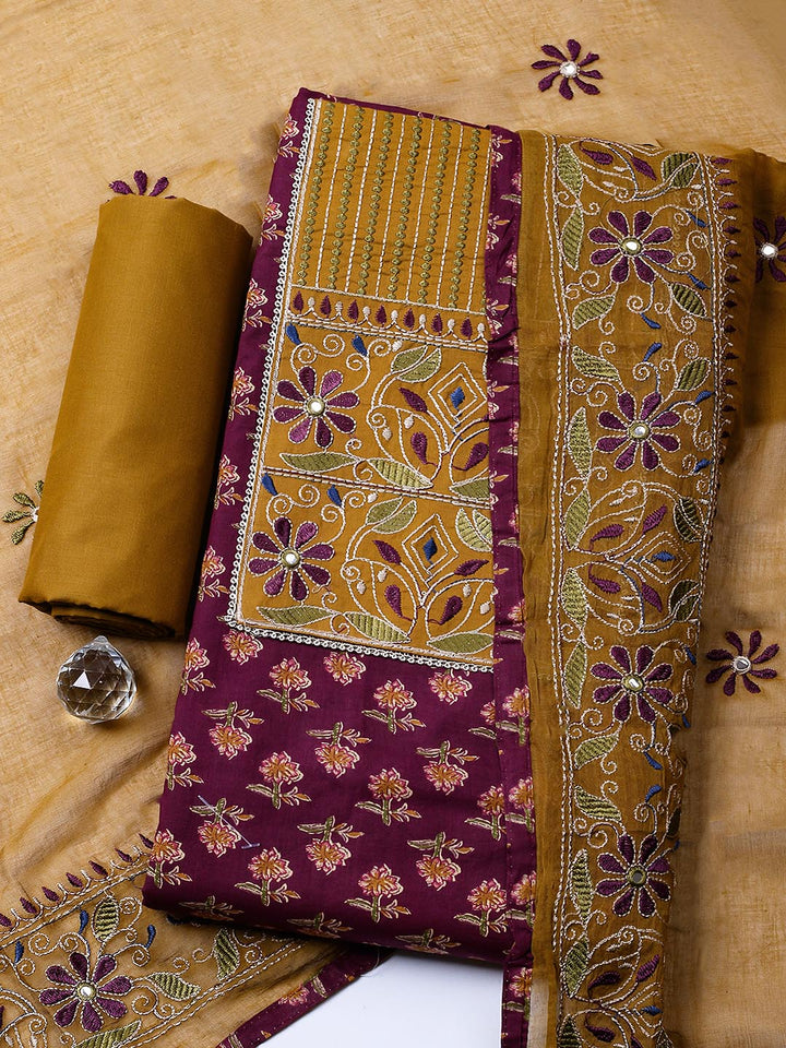 Embroidered Cotton Blend Unstitched Suit With Pant &amp; Dupatta