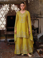 Embroidered Chinnon Kurta With Gharara & Dupatta