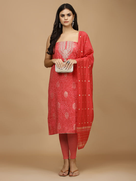 Neck Embroidered Chanderi Unstitched Suit With Dupatta