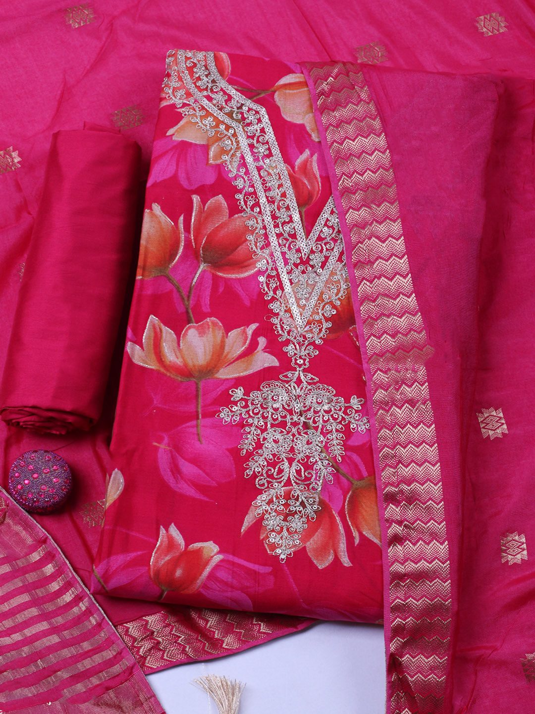 Embroidered Cotton Blend Unstitched Suit With Pant &amp; Dupatta