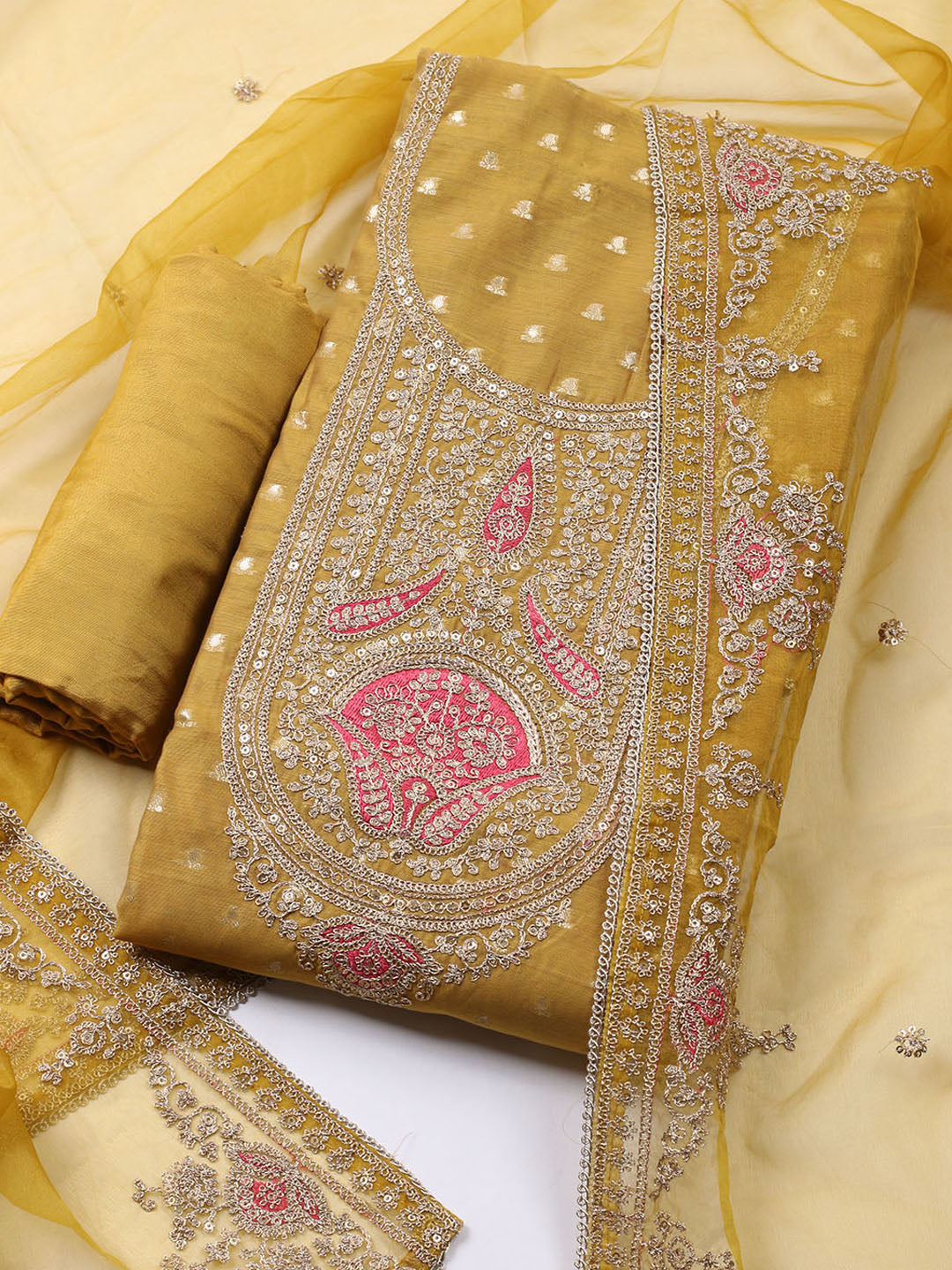Neck Embroidered Chanderi Unstitched Suit With Dupatta